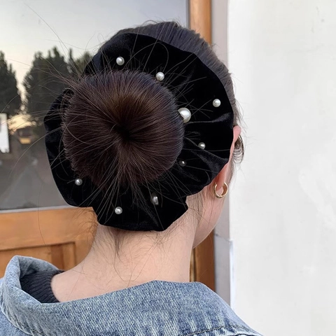 Vintage Velvet Large Scrunchies With Faux Artificial Pearl Elegant Black Elastic Hair Ties For Women Hair Styling Accessories
