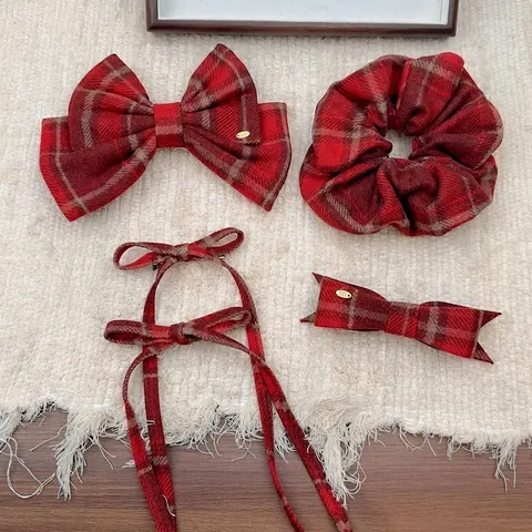 Vintage Britischer Preppy-Stil Rote Karierte Schleife Haarspange Für Damen Handgefertigte Stoff Haargummi Haarschmuck