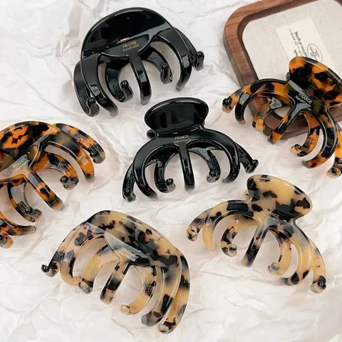 Pinza para el Cabello de Acetato Vintage para Mujer Estilo Coreano Etiqueta Dorada Patrón de Leopardo Carey Forma de Pulpo Calabaza Pinza Grande Accesorios