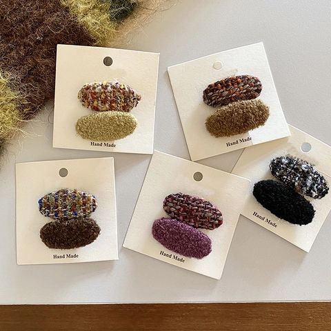 Retro Tweed Plaid Plush Oval Duckbill Hair Clips For Women Girls Handmade Fabric Autumn Winter Hair Accessories Barrettes