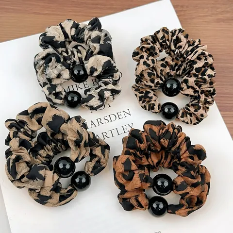 Korean Style Leopard Print Elastic Hair Ties Vintage Scrunchies With Black Beads Fashion Ponytail Holder For Women Girls