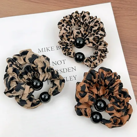 Korean Style Leopard Print Elastic Hair Ties Vintage Scrunchies With Black Beads Fashion Ponytail Holder For Women Girls