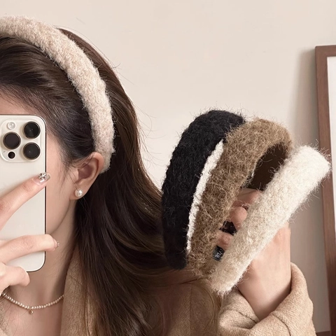 Women Plush Faux Fur Wide Headband Soft Handmade Hair Band Solid Color Autumn Winter Elegant Warm Headwear Accessories