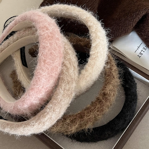 Women Plush Faux Fur Wide Headband Soft Handmade Hair Band Solid Color Autumn Winter Elegant Warm Headwear Accessories