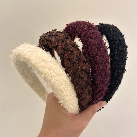 Diadema Acolchada de Tweed Vintage para Mujer Estilo Coreano Color Sólido Banda de Pelo de Punto Grueso Accesorio