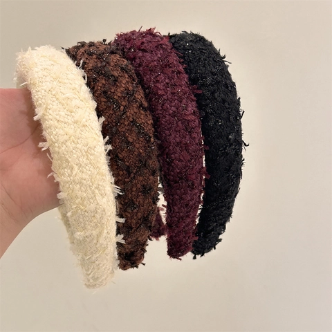 Diadema Acolchada de Tweed Vintage para Mujer Estilo Coreano Color Sólido Banda de Pelo de Punto Grueso Accesorio