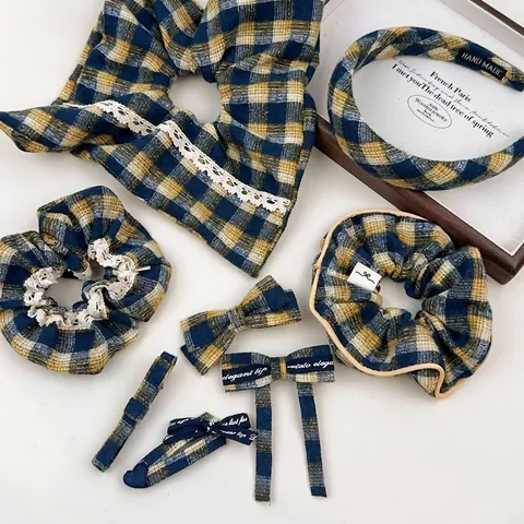 Vintage Blauw Geel Ruit Haarspeld Strik Handgemaakte Katoen Haarnadeln Haaraccessoires Voor Vrouwen Meisjes Dagelijks