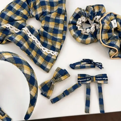 Vintage Blauw Geel Ruit Haarspeld Strik Handgemaakte Katoen Haarnadeln Haaraccessoires Voor Vrouwen Meisjes Dagelijks