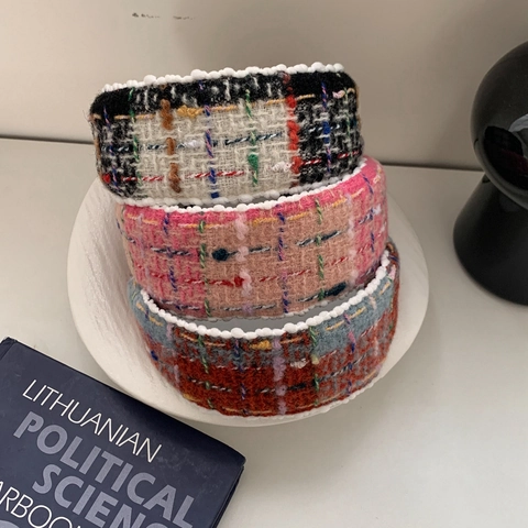 Vintage Tweed Kariert Breit Stirnband Mit Künstliche Perlenverzierung Französisch Stil Elegant Hoher Schädeldecken Haarreif Für Damen Haarschmuck