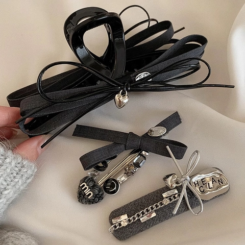 Korean Style Ribbon Bow Hair Clip Grey Suit Fabric Shark Clip Metal Chain Heart Pendant Duckbill Clip For Women Accessories