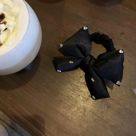 Schwarze Satin Schleife Scrunchie Im Koreanischen Stil Mit Strassverzierung Hochelastisches Haargummi Eleganter Ponytail Halter