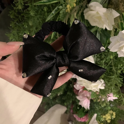 Schwarze Satin Schleife Scrunchie Im Koreanischen Stil Mit Strassverzierung Hochelastisches Haargummi Eleganter Ponytail Halter