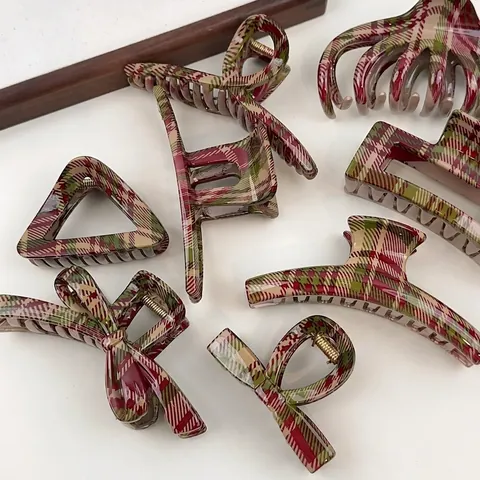 Vintage Christmas Red Green Plaid Hair Claw Clip For Women Geometric Resin Shark Clip Retro British Style Hair Accessories