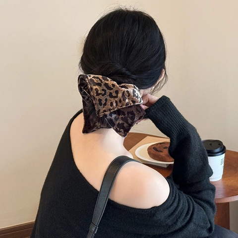 Chouchou Foulard Imprimé Léopard Rétro pour Femmes Élastique à Cheveux Oversize en Polyester Texture Velours Accessoires Cheveux Vintage