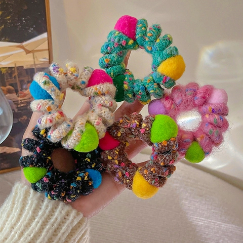 Elastico per Capelli a Spirale in Maglia Colorata Con Pallina di Peluche Alta Elasticità Filo di Telefono per Donna Ragazze Accessori Capelli