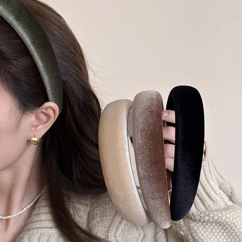 Diadema Acolchada de Terciopelo Ancha Vintage Para Mujer Color Sólido Coreano Dulce Esponja Banda de Pelo Hecha a Mano Accesorios para el Cabello