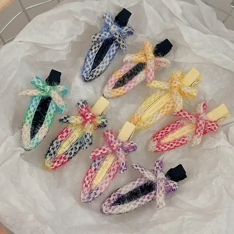 Handmade Woven Tweed Bowknot Hair Clip For Women Autumn Winter Korean Style Sweet Duckbill Clip Fringe Non-Marking Hairpin