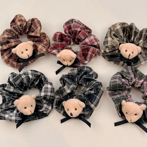 Korean Style Plaid Fabric Scrunchie With Cute Plush Bear Head And Bow Sweet Aesthetic Soft Elastic Hair Ties For Women Girls