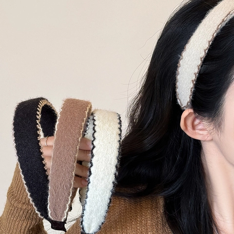 Cerchietto da Donna in Peluche per Autunno Inverno Bordo a Onda a Contrasto Fatto a Mano Morbida Fascia per Capelli Elegante
