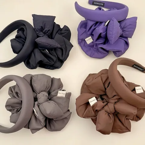 Korean Style Padded Bow Scrunchie And Wide Headband Fabric Pleated Hair Ties Handmade Ponytail Holder Hair Accessories For Women