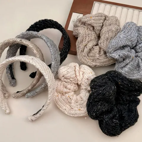 Vintage Grob Gestrickte Haargummis Und Haarbänder Für Damen Weiche Wolle Gesprenkelt Handgefertigte Haarschmuck Set