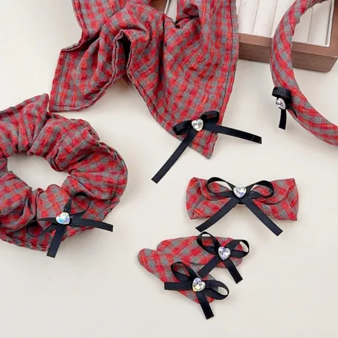 Fermaglio per Capelli a Fiocco a Quadretti Cerchietto con Strass a Cuore Elastico Accessori per Capelli Donna Stile Retro