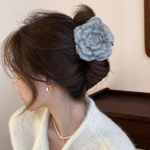 Handgefertigte Gehäkelte Wollblume Haarspange Elegante Rose Garn Haarklammer Süße Große Snap Clip Für Damen Herbst Winter Zubehör