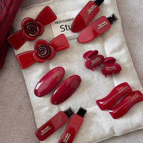 French Vintage Red Acetate Hair Clip For Women Handmade Wine Red Oval Square Wave Rose Flower Duckbill Clip Mini Claw