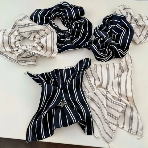 Französisch Retro Gestreift Satin Scrunchie Großer Haargummi Für Damen Vintage Schwarz Weiß Muster Haarschmuck Mit Künstlicher Perle