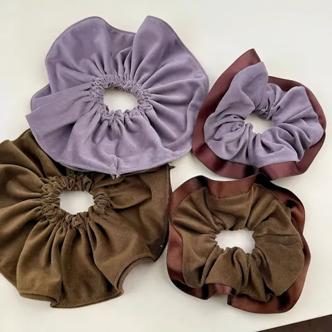 Women Vintage Corduroy Satin Lace Edge Scrunchies High Elasticity Solid Color Hair Tie Ponytail Holder Autumn Winter Hair Accessories