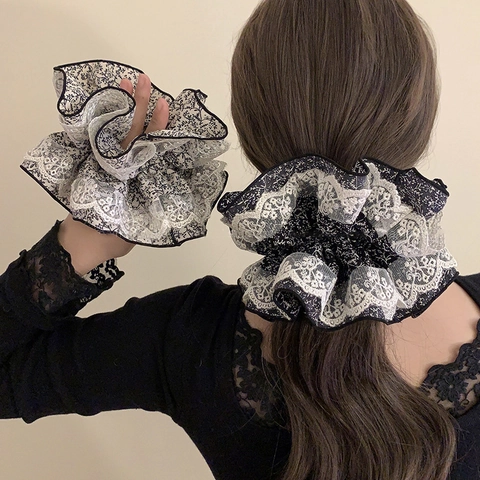 Französischer Vintage Blumen Haargummi Übergroßer Spitzenrand Haarseil Retro Blumendruck Elastischer Haarring Für Damen Accessoires