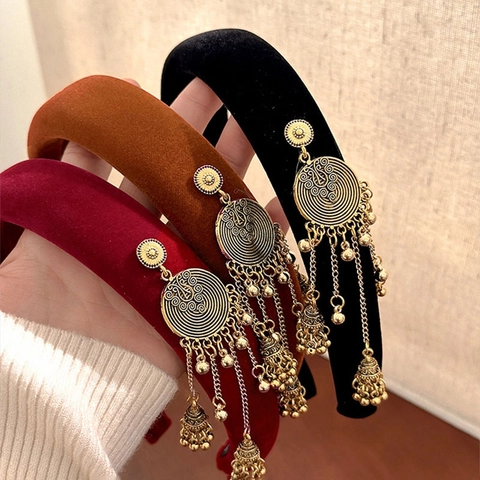 Ethnic Style Velvet Padded Headband For Women Vintage Chinese Style Tassel Bell Hair Band Handmade New Year Hair Accessory