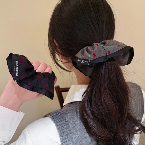 Women Korean Style Large Fabric Heart Pattern Scrunchies Elastic Hair Ring For Ponytail Black Grey Fashion Hair Accessories
