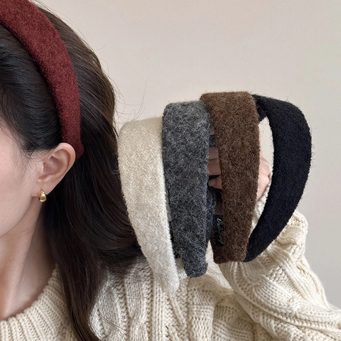 Diadema Acolchada de Peluche Vintage Francés para Mujer Textura de Lana Espesada Color Sólido Diadema Ancha Gorros de Otoño Invierno
