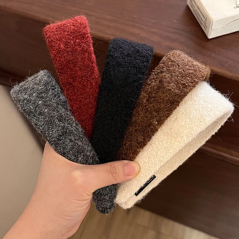 Diadema Acolchada de Peluche Vintage Francés para Mujer Textura de Lana Espesada Color Sólido Diadema Ancha Gorros de Otoño Invierno