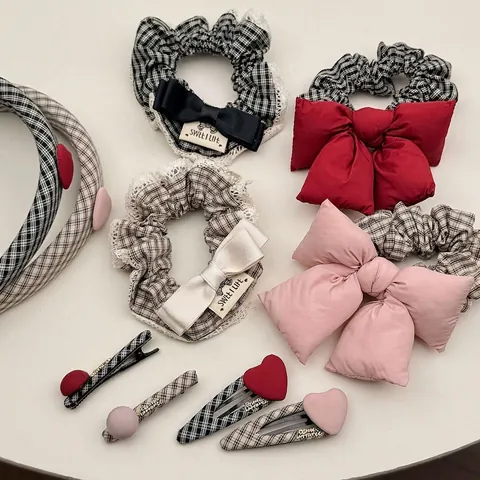 Chouchou Noeud En Tissu Plaid Doux Pince À Cheveux Coeur Serre-tête Accessoires De Cheveux Vintage Pour Femmes Filles Coiffage Quotidien