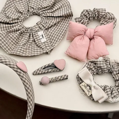 Chouchou Noeud En Tissu Plaid Doux Pince À Cheveux Coeur Serre-tête Accessoires De Cheveux Vintage Pour Femmes Filles Coiffage Quotidien
