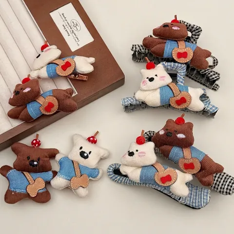 Clip de Pelo de Peluche de Oso Perro de Dibujos Animados Lazo de Pana para Mujeres Niñas Accesorios para el Cabello