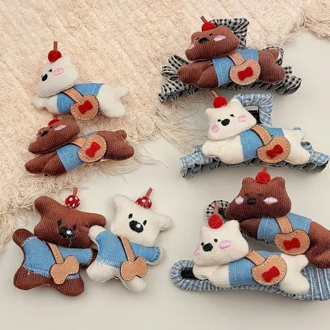 Clip de Pelo de Peluche de Oso Perro de Dibujos Animados Lazo de Pana para Mujeres Niñas Accesorios para el Cabello