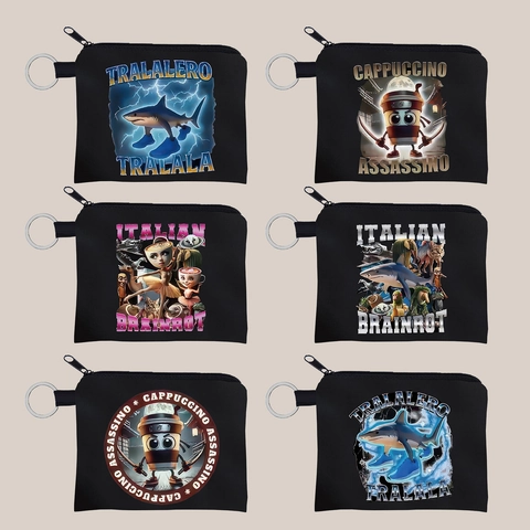 Damen Canvas Münzbörse Bedruckt Italian Brainrot Hai Ninja Kaffeetasse Reißverschluss Mini Schlüsselmäppchen Für Schlüssel Kopfhörer