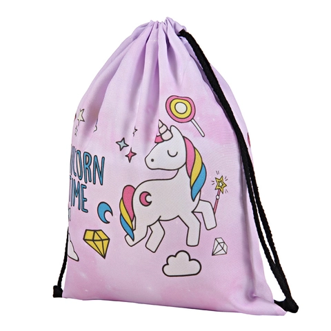 Unicorn Time Digital Printed Drawstring Backpack Lightweight Polyester Storage Bag For Kids Travel Gym Sport Sackpack