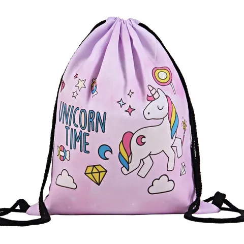 Unicorn Time Digital Printed Drawstring Backpack Lightweight Polyester Storage Bag For Kids Travel Gym Sport Sackpack
