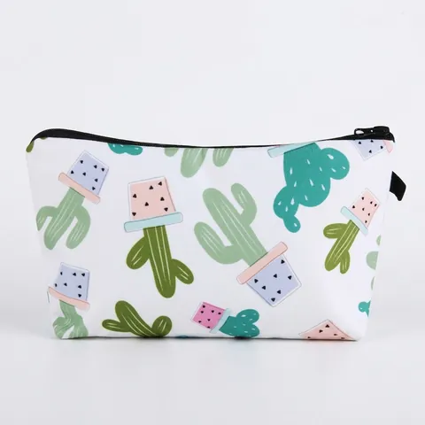 Fresh Cactus Print Polyester Makeup Bag Portable Zipper Cosmetic Pouch For Women Small Travel Toiletry Storage Handbag