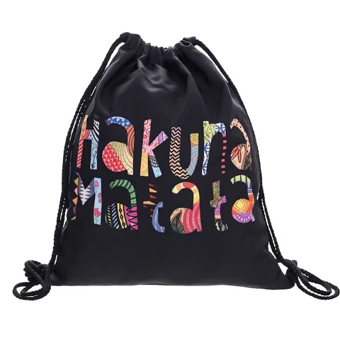Hakuna Matata Polyester Drawstring Backpack Waterproof Sport Gym Bag Travel Storage Sacks For Men Women Bohemian Style