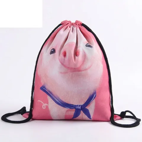 Digitale Print Cartoon Varken Patroon Trekkoord Rugzak Polyester Lichtgewicht Casual Reizen Opbergtas Voor Dames Kinderen