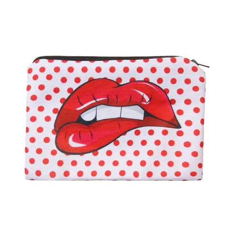 Trousse à Maquillage Portable pour Femmes en Polyester Imprimé Pois Lèvres Rouges Organisateur de Voyage Pochette Zippée