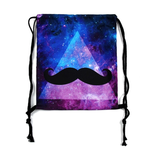 Galaxy Nebula Printed Drawstring Backpack With Mustache Design Polyester Casual Travel Storage Bag For Men Women