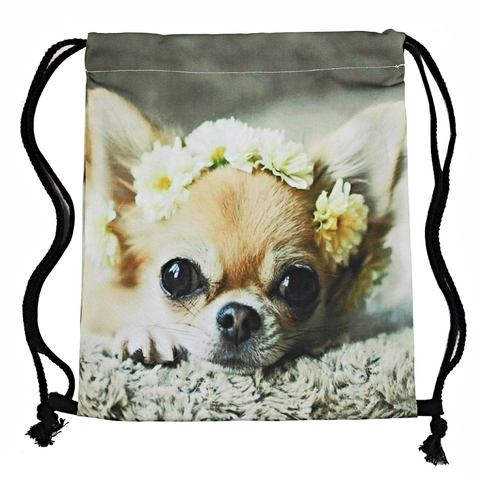 Chihuahua Dog Flower Crown Print Drawstring Backpack Lightweight Polyester Storage Bag For Women Men Casual Travel School