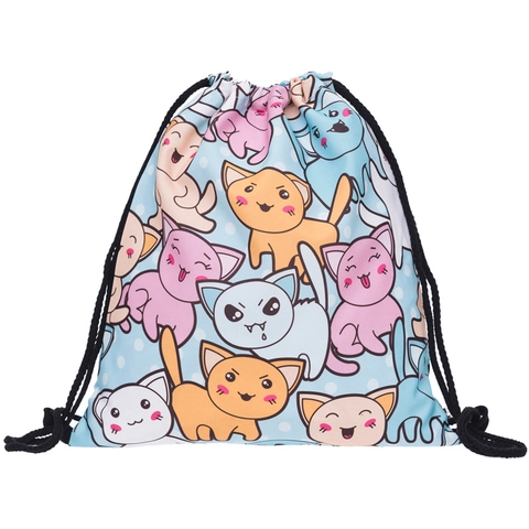 Cute Cartoon Cat 3D Printed Drawstring Backpack Polyester Storage Bag Cinch Sack For Kids Women Travel Gym Sport Pack