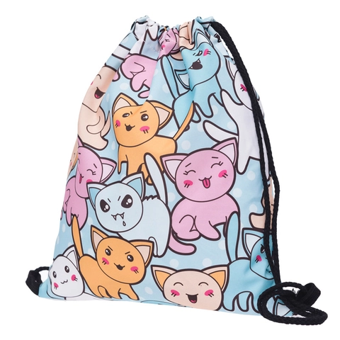 Cute Cartoon Cat 3D Printed Drawstring Backpack Polyester Storage Bag Cinch Sack For Kids Women Travel Gym Sport Pack